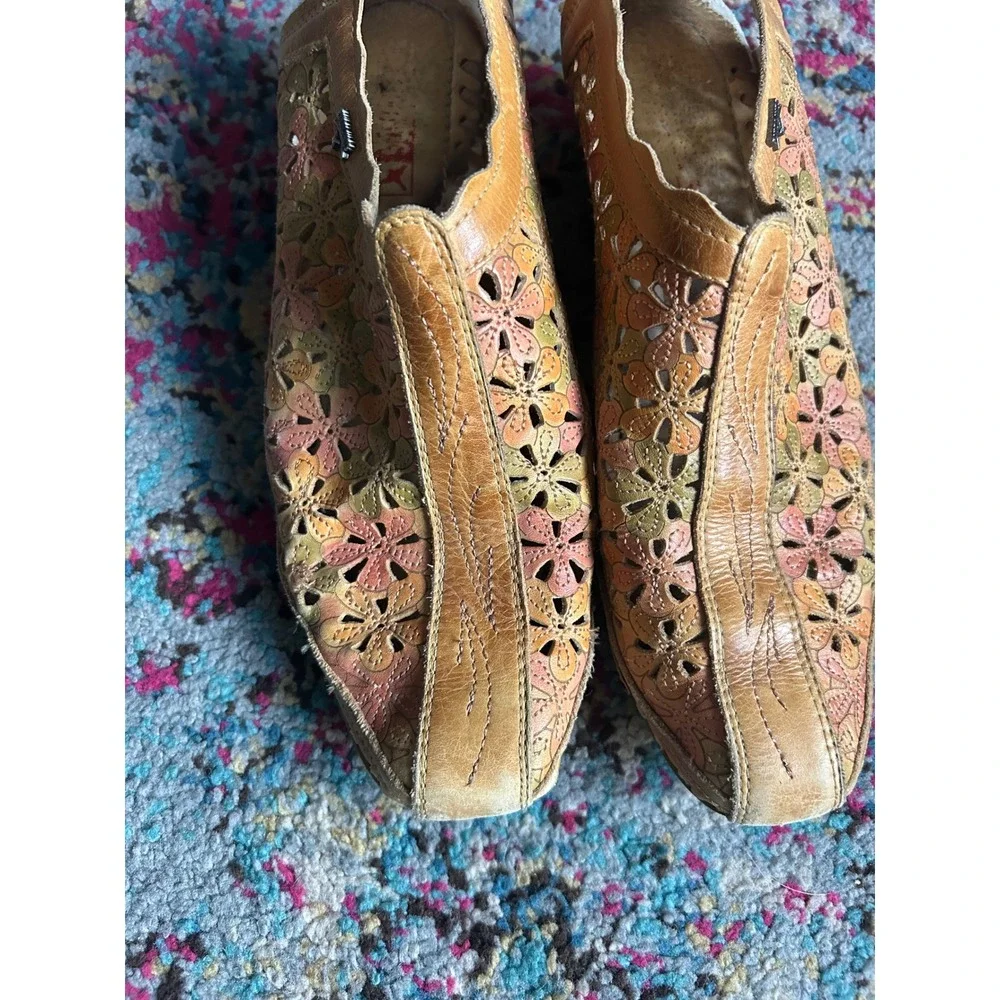 Pikolinos Wedge Sandals Tan Floral Laser Cut Leather Slingback Clogs Bohemian